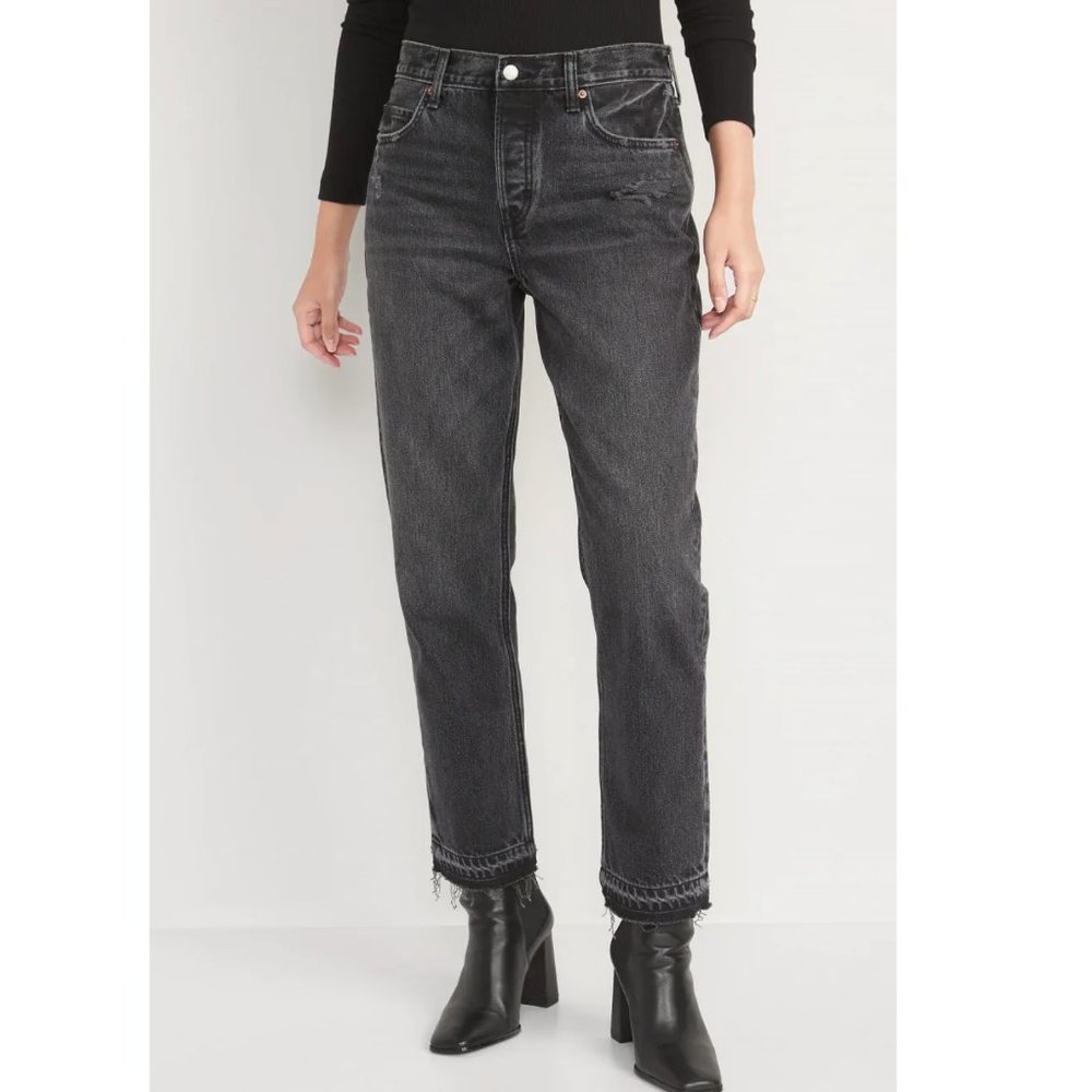 Old Navy High Rise Slouchy Straight Denim Black Jeans Distressed Size 20